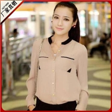 2013韩版女装修身长袖撞色立领气质OL金色扣子特价女式雪纺衬衫