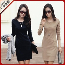 2013韩版女装修身显瘦长袖OL气质包臀广州连衣裙子中裙厂家直销