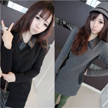 2013新款韩版秋冬加厚不倒绒拼皮女装时尚翻领长袖打底衫连衣裙