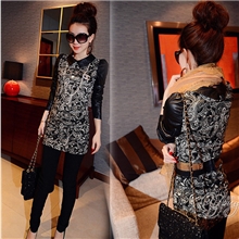 2013秋季新款新古典凤尾印花拼PU皮小翻领修身款加厚包臀连衣裙