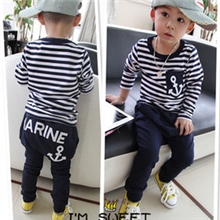 韩版童装批发海军条纹绣花儿童男女童纯棉休闲套装2件套装