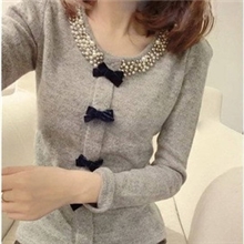 爆款热销外贸女装出口韩版春秋装毛线上衣蝴蝶结打底针织衫t恤