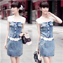 新品夏装韩版蕾丝花边牛仔面料薄款修身牛仔裙连衣裙R4289075