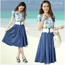 2013春夏新款女装牛仔雪纺气质连衣裙送腰带RB368321