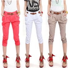 韩版新款女装春夏小脚哈伦裤休闲裤铅笔裤七分裤(送腰带)一件代发