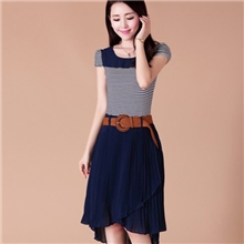 2013夏新款短袖不规则条纹拼接燕尾修身雪纺裙连衣裙长裙子批发