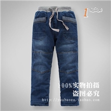 新款冬款童装男童儿童经典纯色水洗柔软加绒加厚保暖牛仔棉裤童裤