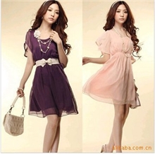 雪纺女式连衣裙2013新款圆领春夏新品韩版复古短袖收腰