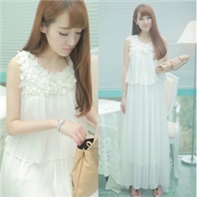 现货好质量两色春夏款立体蕾丝花朵假两件连衣裙长裙沙滩裙