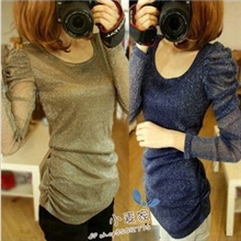 外贸原单新款2代闪闪亮丝泡泡袖T柔软圆领显瘦侧面褶皱T恤