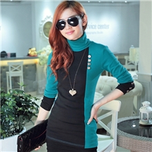 2013春秋装新款韩版女士长袖高领拼色T恤纽扣修身高品质打底衫女