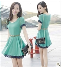 2013新款韩版雪纺高腰裙女夏季荷叶边修身淑女连衣裙