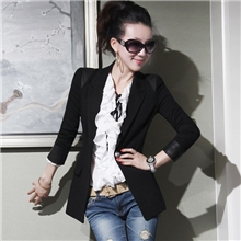 （送胸针有内衬）秋装女装小西服一粒扣中长款修身黑色拼皮小西装