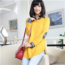 （六色选购）秋装宽松中长款长袖女针织衫衬衫假两件套头毛衣外套