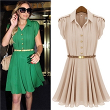 （十一月继续现货）新款短袖翻领单排扣束腰荷叶边连衣裙送腰带
