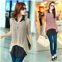 2013秋装韩版新款女装镂空针织衫罩衫雪纺衬衫两件套毛衣直销