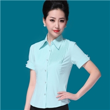 夏装批发新款女式短袖纯色衬衣翻领女雪纺衬衫一排多扣收腰显瘦
