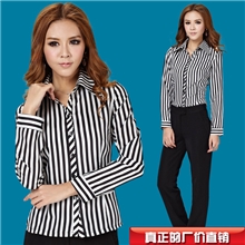 衬衫女黑白条纹修身V领OL套裤工装面试服职业女士衬衣批发