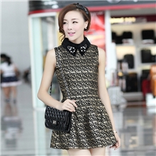 秋冬新款韩版名媛气质复古修身显瘦翻领钉珠烫金无袖毛呢连衣裙