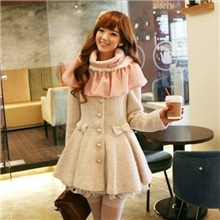 名媛气质荷叶边蕾丝下摆蕾丝蝴蝶结公主裙摆单排扣长袖毛呢大衣