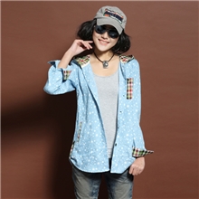 批发2013春季休闲学院风远点宽松衬衫拼接女连帽仿牛仔衬衫A8cn