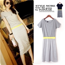 免费网店代理短袖时尚糖果色拼接条纹包臀中长款休闲连衣裙