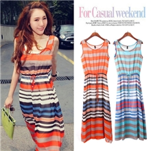 (已下架）女装韩版撞色小清新宽条纹松紧腰宽松修身雪纺连衣裙