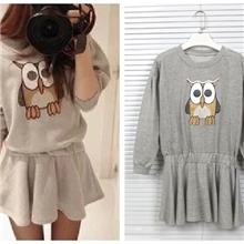 韩国立体水钻猫头鹰大码长袖休闲卫衣连衣裙裙代销代发