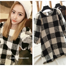 2013秋冬女装韩版格子7分灯笼袖娃娃裙圆领毛呢连衣裙D927代发