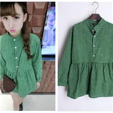 2013秋冬女装韩版日系小清新格子娃娃衫蓬蓬小裙摆衬衣E061代发