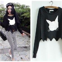 2013秋季女装新款韩版猫咪图案不规则圆领休闲短款卫衣D215代发