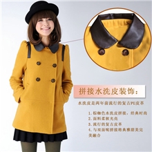 2013秋冬新款韩版女装泡泡袖拼接水洗皮娃娃领女式中长毛呢外套