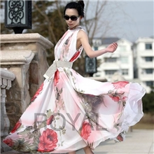 现货2013新款挂脖波西米亚雪纺连衣裙荷叶边大摆长裙外贸原单