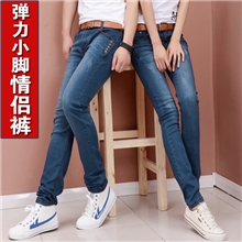 男女情侣牛仔裤铅笔裤女士中腰弹力牛仔裤韩版深蓝色裤子LE001