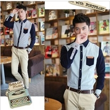 英伦衬衫男士长袖衬衫批发全棉拼接假口袋衬衫时尚修身男式衬衣