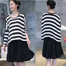 一件代发韩国时尚热卖春秋蝙蝠袖两件套条纹连衣裙可分开5700