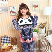 女士棉质睡衣长袖美国风熊猫睡裙针织棉睡衣套装秋季冬款家居服女
