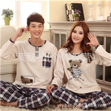 新款春季秋季情侣睡衣女花格仔小熊休闲棉质长袖睡衣男套装家居服