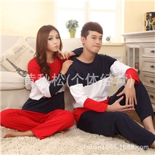 新款春季秋季情侣睡衣女红白蓝三色休闲棉质长袖睡衣男套装家居服
