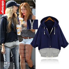 275秋冬新款宽松休闲大码女装带帽假两件套卫衣蝙蝠开衫拉链外套