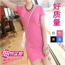 【优质棉】长款打底全棉T韩国圆领女装纯色短袖包臀连衣裙批发
