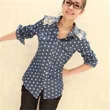 803春秋装复古波点白色蕾丝百搭牛仔蓝女衬衫网店代销代发货