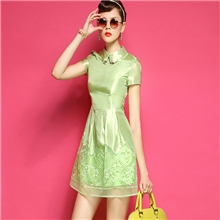2013夏新款短袖翻领气质修身绿色刺绣欧根纱连衣裙女外贸女装代理