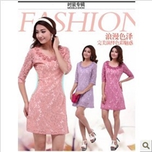 9810春夏新款大码镂空蕾丝花朵领修身韩版中袖连衣裙免费代理加盟