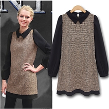 2013秋季新款上市欧美女装复古时尚翻领拼接连衣裙1659