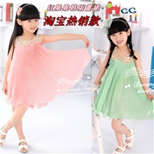 【红果果】外贸童装批发夏装女童韩版亮片领大摆雪纺百褶连衣裙