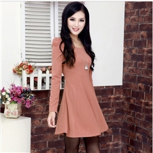 2013秋冬装新款时尚圆领修身泡泡袖收腰长袖气质淑女连衣裙
