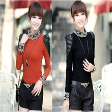 2013秋冬新款长袖韩版T恤网纱加绒加厚女装蕾丝打底衫女上衣