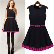 2013秋装新品欧美品牌撞色收腰双层裙边女装背心连衣裙批发