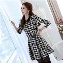 秋冬新款打底连衣裙气质显瘦翻领百搭格子修身长袖连衣裙送皮带